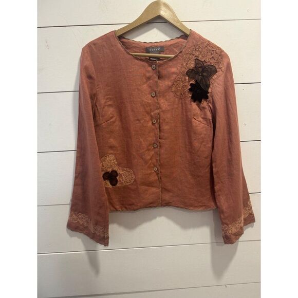 Kenar Tops - Kenar Linen Mauve Applique Blouse Small NWOT